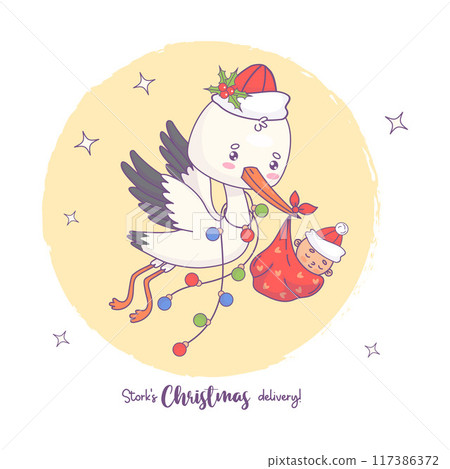 Christmas delivery. Cute white stork in Santa hat with festive garland carrying baby in bag. Funny cartoon bird kawaii and holiday arrival of infant card. Vector illustration. Kids collection. 117386372