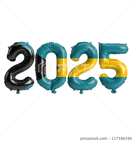 3D illustration of new year 2025 balloons on Bahamas flag color, isolated on transparent background 3D illustration of new year 2025 balloons on Bahamas flag color, isolated on transparent background 117386390