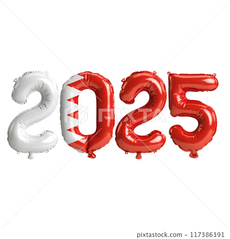 3D illustration of new year 2025 balloons on Bahrain flag color, isolated on transparent background 117386391