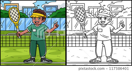Tennis Coach with a Racket Coloring Illustration 117386401
