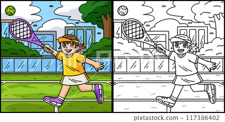Female Tennis Player Reaching Ball Illustration 117386402