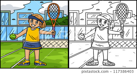 Tennis Girl with Racket Ball Coloring Illustration 117386403