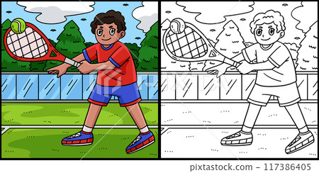 Tennis Player Hitting Ball Coloring Illustration 117386405