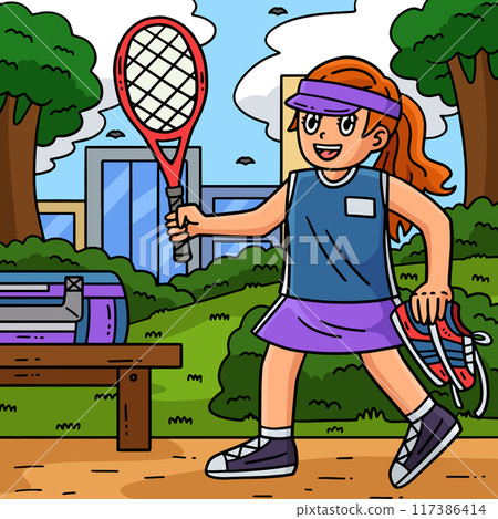 Tennis Girl Carrying Shoes and a Racket Colored  117386414