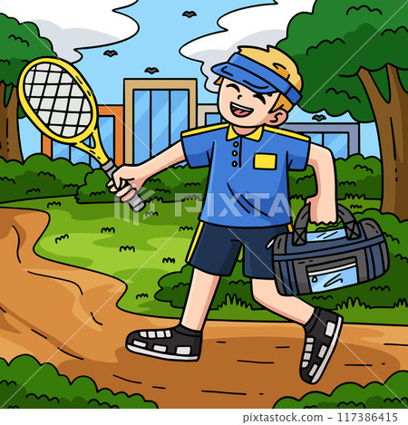 Tennis Player with Sports Bag and Racket Colored Tennis Player with Sports Bag and Racket Colored 117386415