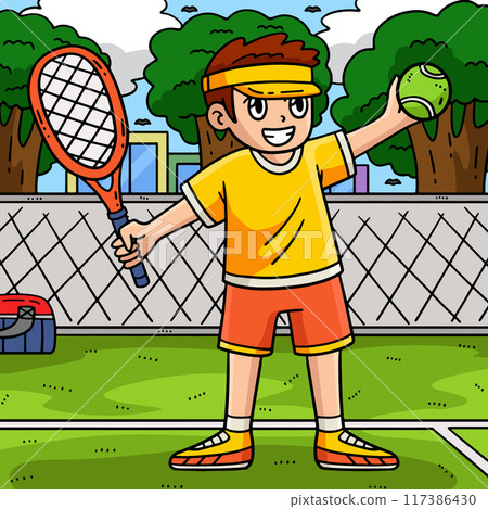 Tennis Boy with a Racket and Ball Colored Cartoon 117386430