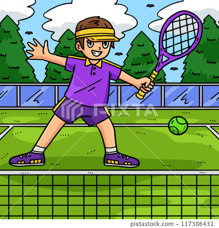 Tennis Player Passing Ball Racket Colored Cartoon 117386431