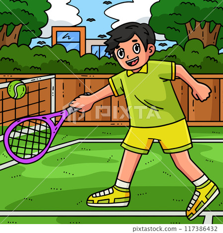 Tennis Player Reaching the Ball Colored Cartoon  117386432