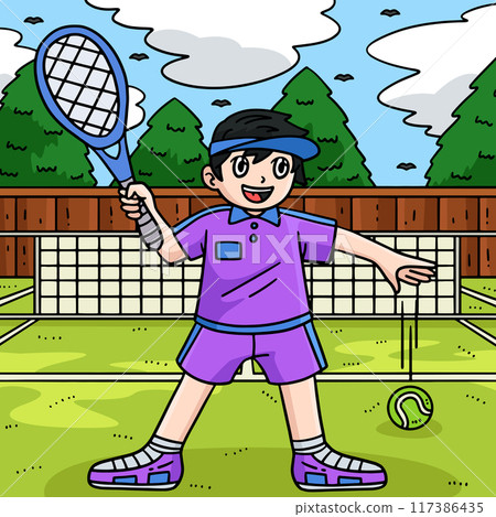 Tennis Player Dribbling the Ball Colored Cartoon  117386435