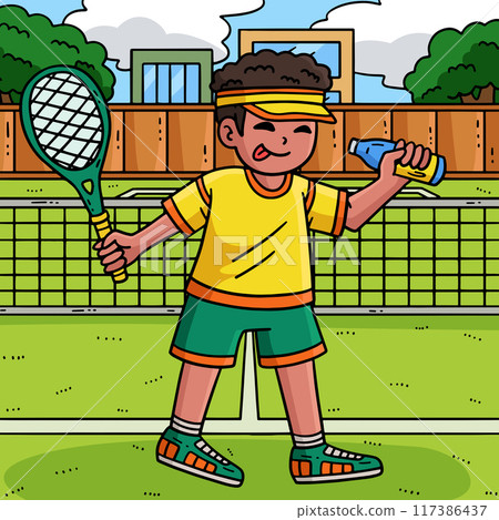 Tennis Player Taking Drink Colored Cartoon  117386437