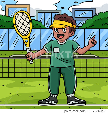 Tennis Coach with a Racket Colored Cartoon Tennis Coach with a Racket Colored Cartoon 117386445