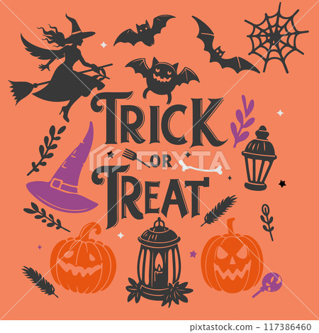 Trick or treat lettering with halloween elements. Vector illustration. Trick or treat lettering with halloween elements. Vector illustration. 117386460