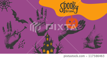 Vector Halloween collage  with pumpkins,  bats and half tone pop art style hands and lettering Spooky Season. 117386463