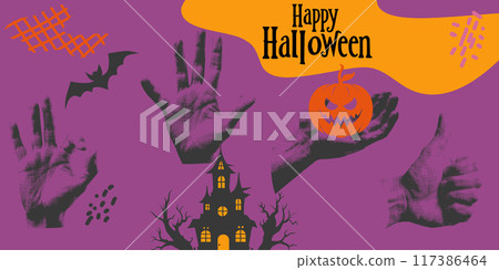 Vector Halloween collage with pumpkins, bats and half tone pop art style hands and lettering Happy Halloween. Vector Halloween collage with pumpkins, bats and half tone pop art style hands and lettering Happy Halloween. 117386464