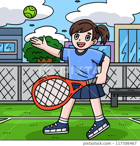 Female Tennis Player Tossing Ball Colored Cartoon Female Tennis Player Tossing Ball Colored Cartoon 117386467