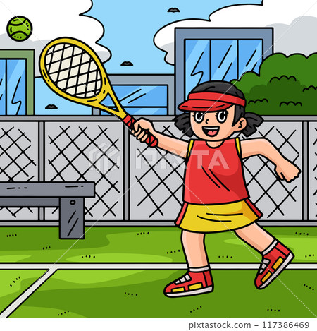 Female Tennis Player Chasing Ball Colored Cartoon  117386469