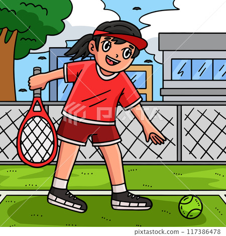 Tennis Female Player Picking Ball Colored Cartoon Tennis Female Player Picking Ball Colored Cartoon 117386478