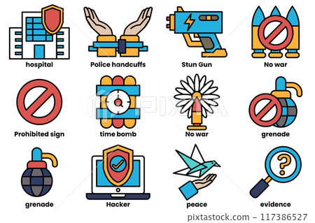 A set of icons with a variety of meanings, including no war, no guns A set of icons with a variety of meanings, including no war, no guns 117386527
