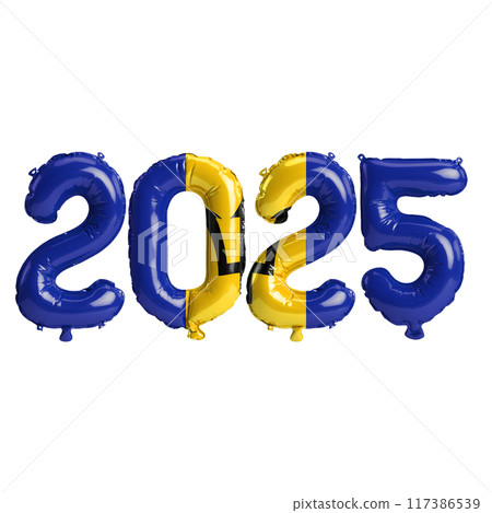 3D illustration of new year 2025 balloons on Barbados flag color, isolated on transparent background 117386539