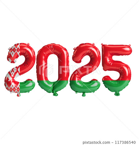 3D illustration of new year 2025 balloons on Belarus flag color, isolated on transparent background 117386540