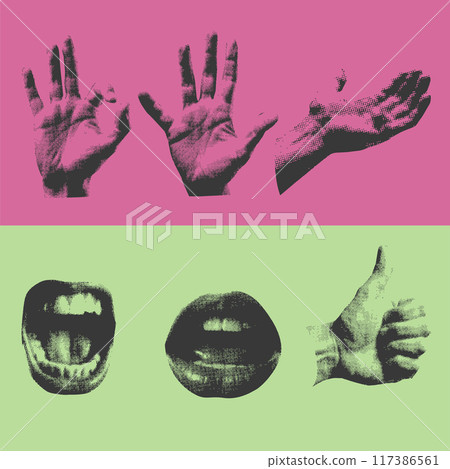 Set of half tone hand gestures and mouth. Vector illustration. Abstract Grunge style. Set of half tone hand gestures and mouth. Vector illustration. Abstract Grunge style. 117386561