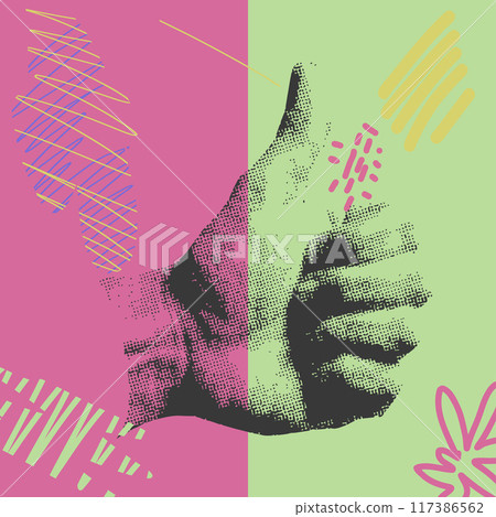 Half tone hand gesture with abstract elements. Vector illustration. Abstract Grunge style. Half tone hand gesture with abstract elements. Vector illustration. Abstract Grunge style. 117386562