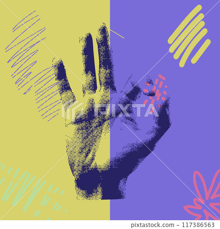 Half tone hand gesture with abstract elements. Vector illustration. Abstract Grunge style. Half tone hand gesture with abstract elements. Vector illustration. Abstract Grunge style. 117386563