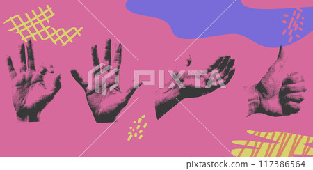 Set of half tone hand gestures with abstract elements. Vector illustration. Abstract Grunge style. 117386564