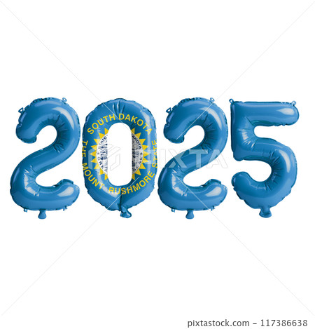 3D illustration of New Year 2025 balloons on the US state flag of South Dakota, isolated on a transparent background 3D illustration of New Year 2025 balloons on the US state flag of South Dakota, isolated on a transparent background 117386638