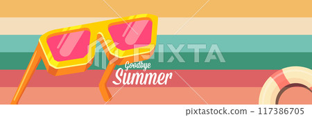 Super Goodbye summer vector banner with text and retro yellow sunglasses isolated on stripped background. Goodbye summer poster design template with cartoon sunglasses, beach, water pool Super Goodbye summer vector banner with text and retro yellow sunglasses isolated on stripped background. Goodbye summer poster design template with cartoon sunglasses, beach, water pool 117386705