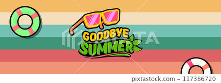 Super Goodbye summer vector banner with text and retro yellow sunglasses isolated on stripped background. Goodbye summer poster design template with cartoon sunglasses, beach, water pool Super Goodbye summer vector banner with text and retro yellow sunglasses isolated on stripped background. Goodbye summer poster design template with cartoon sunglasses, beach, water pool 117386720
