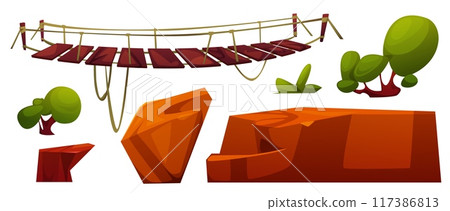 Old hanging wooden rope bridge and cliff edges Old hanging wooden rope bridge and cliff edges 117386813