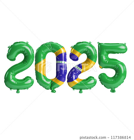 3D illustration of new year 2025 balloons on Brazil flag color, isolated on transparent background 3D illustration of new year 2025 balloons on Brazil flag color, isolated on transparent background 117386814