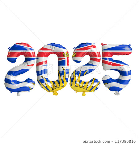 3D illustration of new year 2025 balloons on British Columbia flag color, isolated on transparent background 117386816