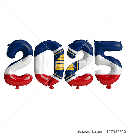 3D illustration of New Year 2025 balloons on the US state flag of Utah, isolated on a transparent background 117386820