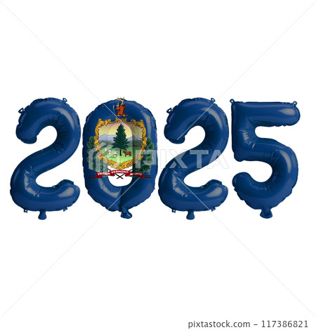 3D illustration of New Year 2025 balloons on the US state flag of Vermont, isolated on a transparent background 117386821
