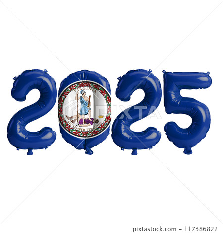 3D illustration of New Year 2025 balloons on the US state flag of Virginia, isolated on a transparent background 117386822