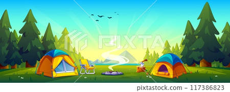 Camp tent in forest on sunrise. 117386823