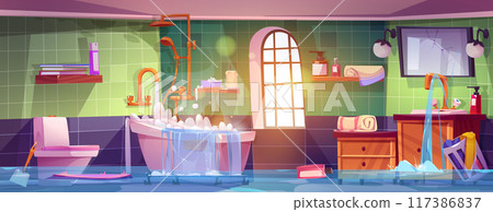 Dirty messy bathroom flooded with water 117386837