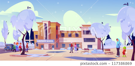 School building exterior on winter. 117386869