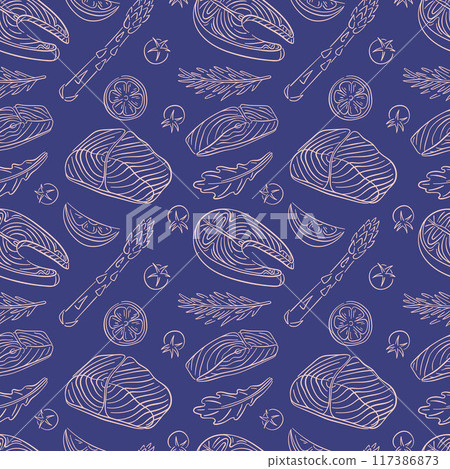 Seamless pattern with Salmon steak and ingredients in line art style. Tomato, lemon, rosemary, arugula, asparagus. Fish and vegetables design for menu, wallpaper, textile, wrapping. Blue background. Seamless pattern with Salmon steak and ingredients in line art style. Tomato, lemon, rosemary, arugula, asparagus. Fish and vegetables design for menu, wallpaper, textile, wrapping. Blue background. 117386873