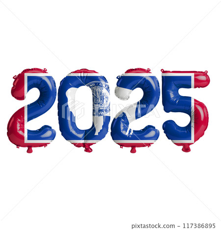 3D illustration of New Year 2025 balloons on the US state flag of Wyoming, isolated on a transparent background 3D illustration of New Year 2025 balloons on the US state flag of Wyoming, isolated on a transparent background 117386895