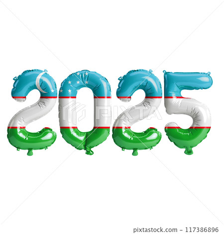 3D illustration of new year 2025 balloons on Uzbekistan flag color, isolated on transparent background 117386896