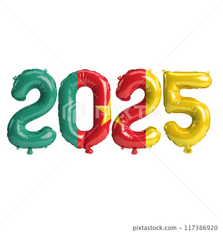 3D illustration of new year 2025 balloons on Cameroon flag color, isolated on transparent background 117386920