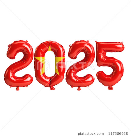 3D illustration of new year 2025 balloons on Vietnam flag color, isolated on transparent background 117386928