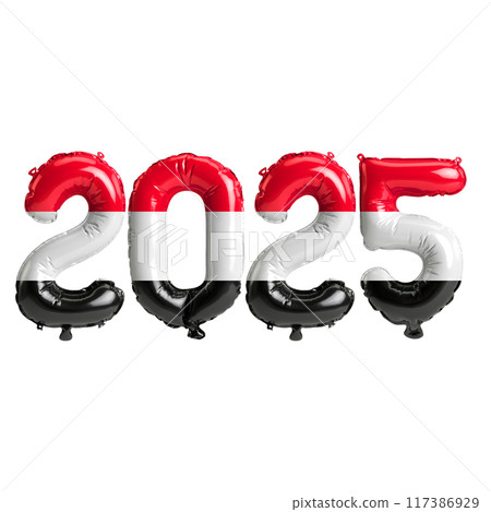 3D illustration of new year 2025 balloons on Yemen flag color, isolated on transparent background 117386929
