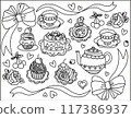 孩子們會喜歡的可愛蛋糕和茶杯的插圖和著色書 117386937
