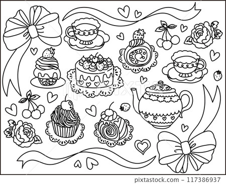 Cute cakes and teacups for children to enjoy, illustrations, coloring book 117386937