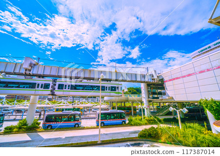 Kamakura cityscape in Japan, overlooking Ofuna Station on the Shonan Monorail Enoshima Line and Ofuna Kannon Temple (the station name letters have faded) Kamakura cityscape in Japan, overlooking Ofuna Station on the Shonan Monorail Enoshima Line and Ofuna Kannon Temple (the station name letters have faded) 117387014