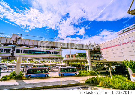 Kamakura cityscape in Japan, overlooking Ofuna Station on the Shonan Monorail Enoshima Line and Ofuna Kannon Temple (the station name letters have faded) Kamakura cityscape in Japan, overlooking Ofuna Station on the Shonan Monorail Enoshima Line and Ofuna Kannon Temple (the station name letters have faded) 117387016